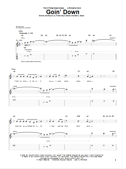 Three Days Grace Goin' Down sheet music notes and chords. Download Printable PDF.