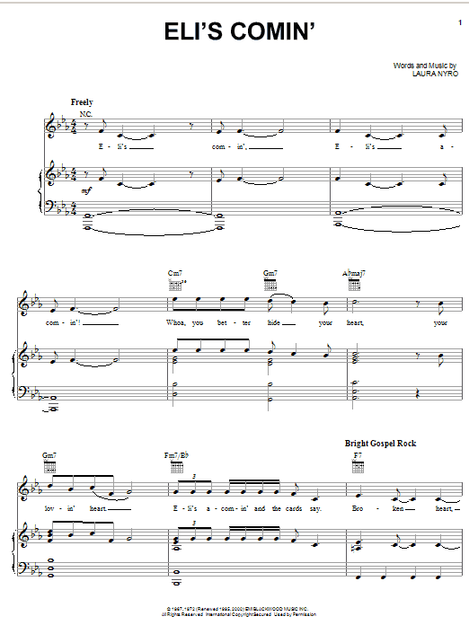 Three Dog Night Eli's Comin' sheet music notes and chords. Download Printable PDF.