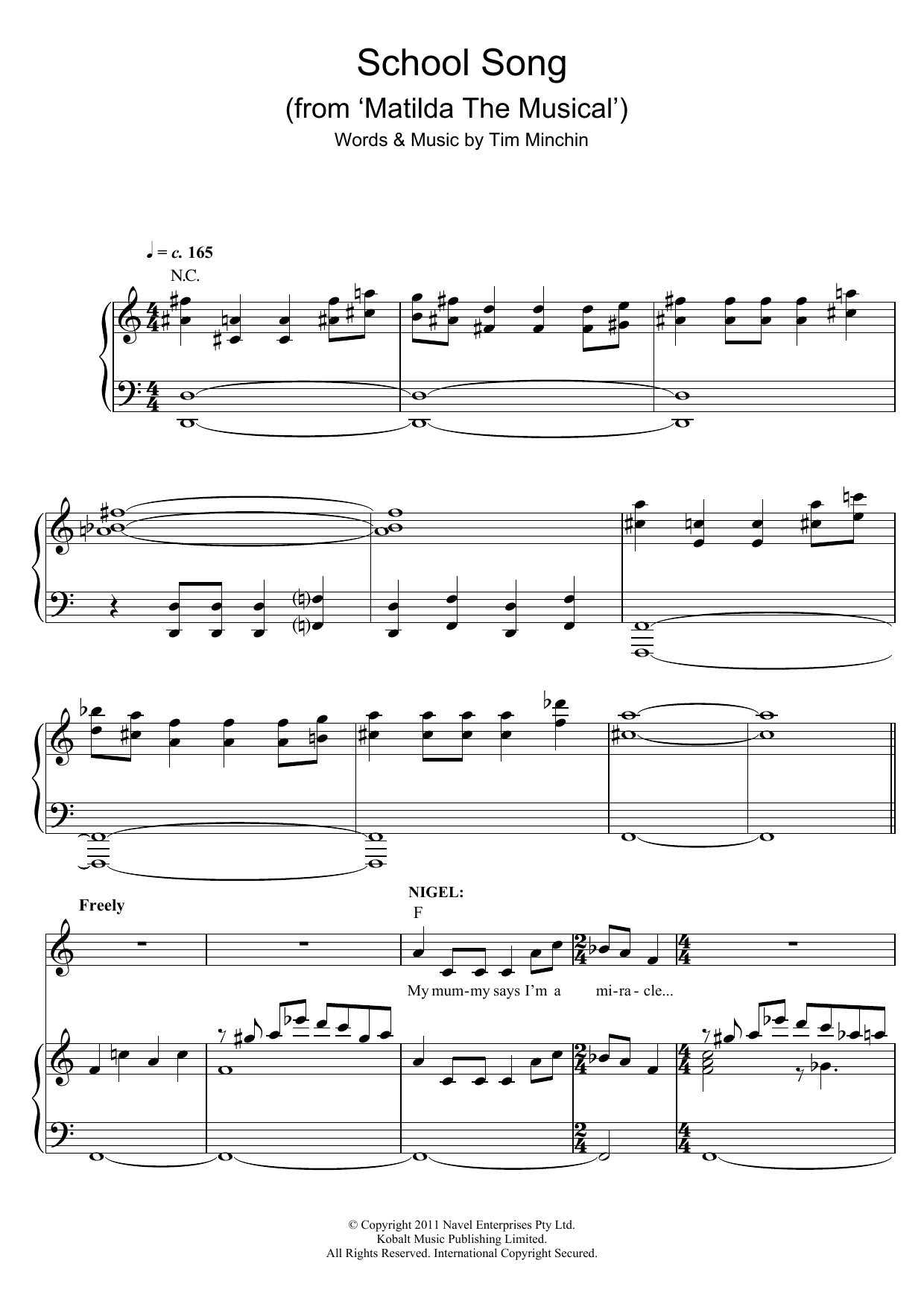 Tim Minchin School Song (From 'Matilda The Musical') sheet music notes and chords. Download Printable PDF.