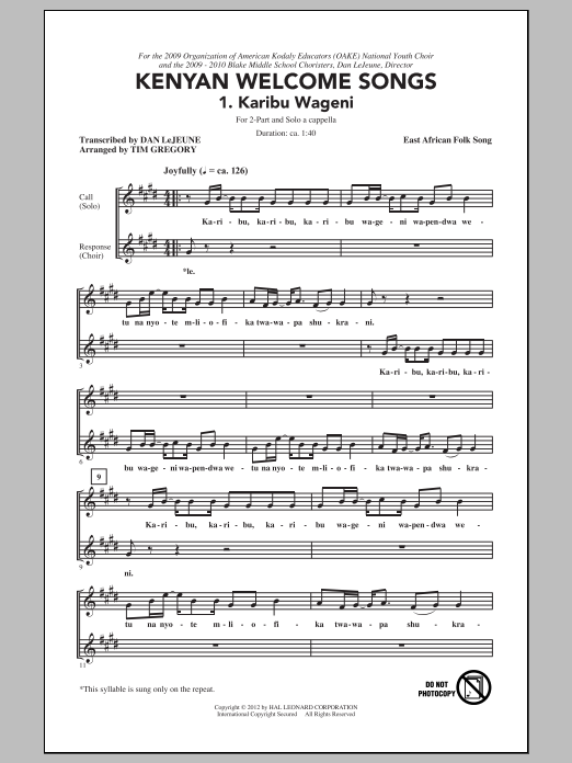 Learn to play Tim Gregory Karibu Wageni (Welcome Visitors) sheet music for 2-Part Choir in minutes. Price: 3.9900$ Tim Gregory Karibu Wageni (Welcome Visitors) sheet music notes and chords arranged for 2-Part Choir
