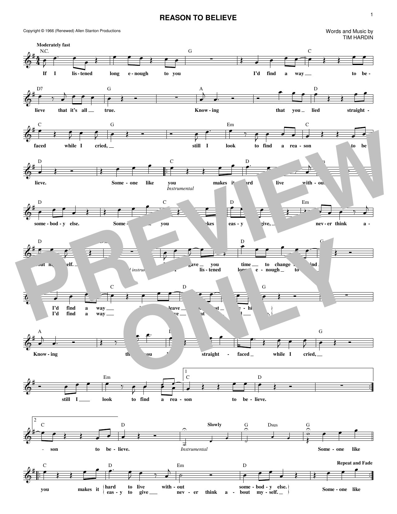 Tim Hardin Reason To Believe sheet music notes and chords. Download Printable PDF.