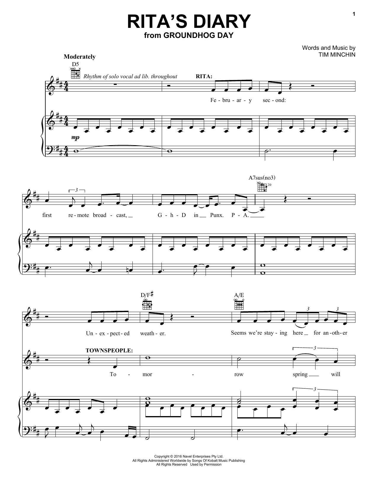 Learn to play Tim Minchin Rita's Diary (from Groundhog Day The Musical) sheet music for Piano, Vocal & Guitar Chords (Right-Hand Melody) in minutes. Price: 7.8900$ Tim Minchin Rita's Diary (from Groundhog Day The Musical) sheet music notes and chords arranged for Piano, Vocal & Guitar Chords (Right-Hand Melody)
