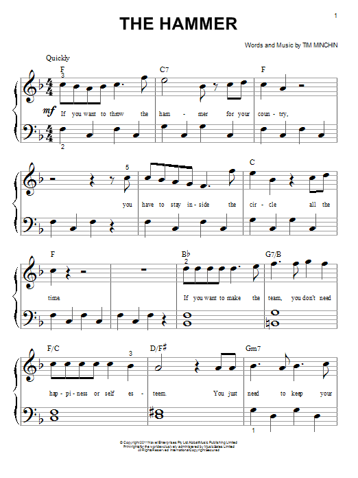 Learn to play Tim Minchin The Hammer (from 'Matilda The Musical') sheet music for Big Note Piano in minutes. Price: 6.9900$ Tim Minchin The Hammer (from 'Matilda The Musical') sheet music notes and chords arranged for Big Note Piano
