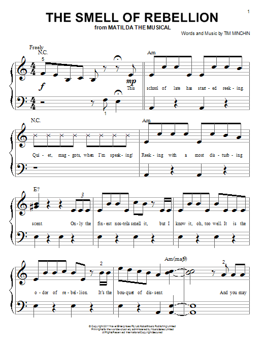 Learn to play Tim Minchin The Smell Of Rebellion (From 'Matilda The Musical') sheet music for Easy Piano in minutes. Price: 6.9900$ Tim Minchin The Smell Of Rebellion (From 'Matilda The Musical') sheet music notes and chords arranged for Easy Piano