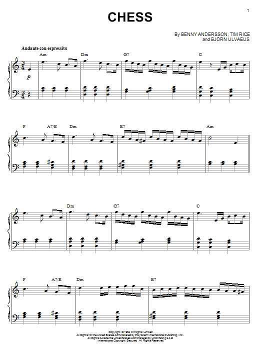 Andersson and Ulvaeus Chess sheet music notes and chords. Download Printable PDF.