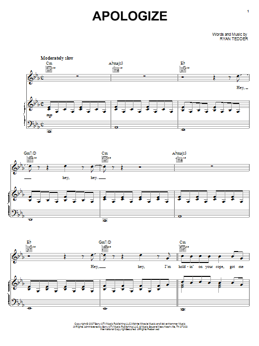 Timbaland Apologize (feat. OneRepublic) sheet music notes and chords. Download Printable PDF.