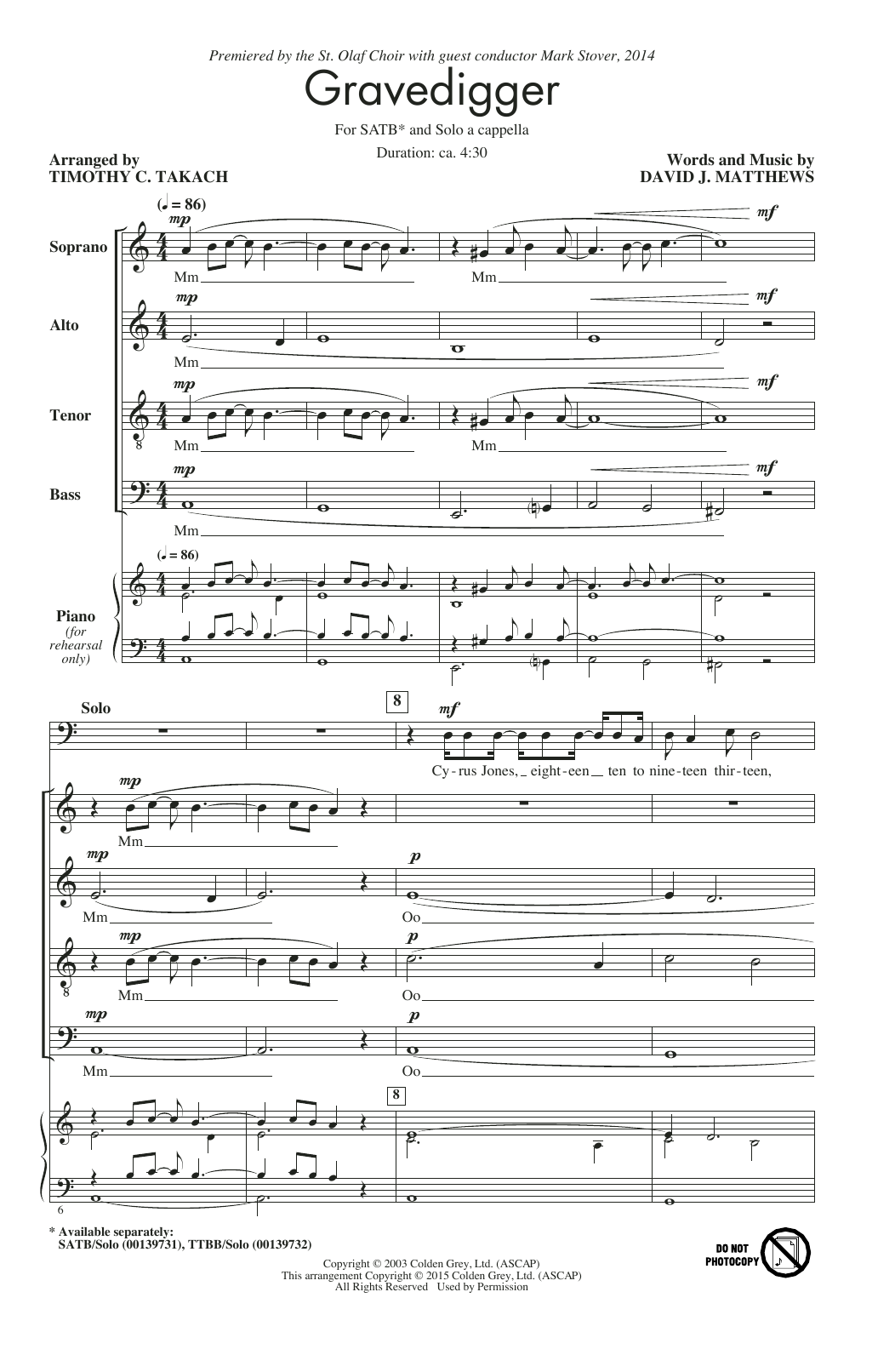 Dave Matthews Gravedigger (arr. Timothy C. Takach) sheet music notes and chords. Download Printable PDF.