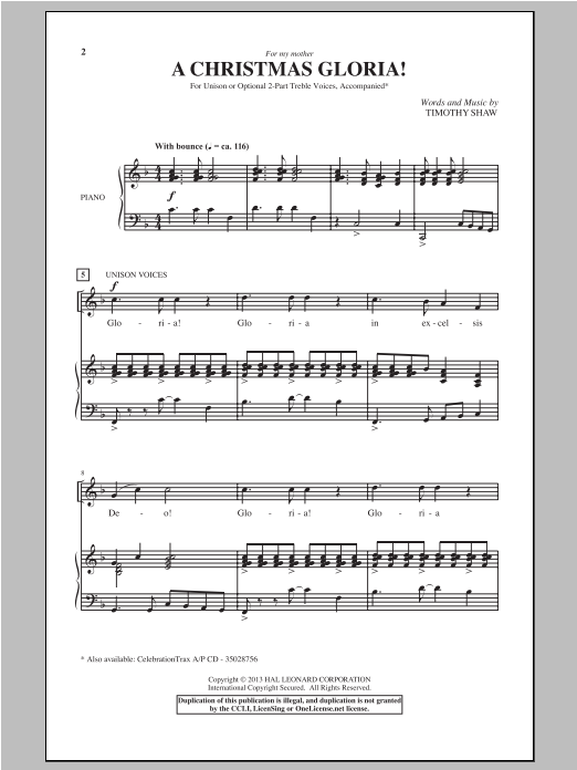 Learn to play Timothy Shaw A Christmas Gloria! sheet music for 2-Part Choir in minutes. Price: 3.9900$ Timothy Shaw A Christmas Gloria! sheet music notes and chords arranged for 2-Part Choir