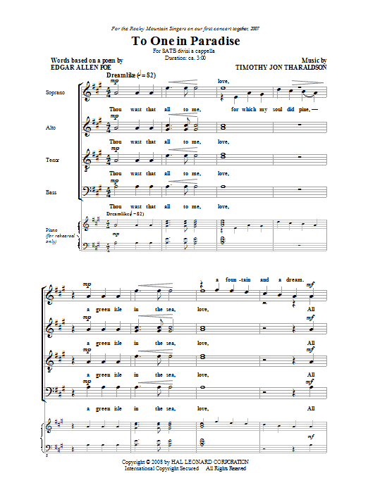 Learn to play Timothy Tharaldson To One In Paradise sheet music for SATB Choir in minutes. Price: 3.9900$ Timothy Tharaldson To One In Paradise sheet music notes and chords arranged for SATB Choir