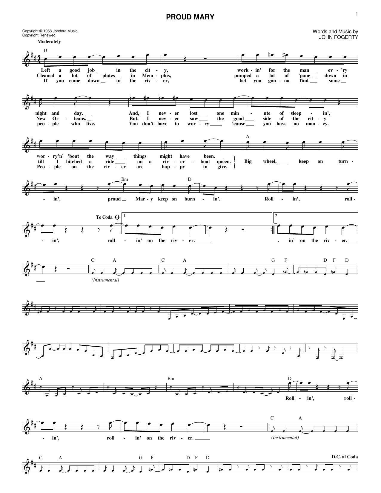 Tina Turner Proud Mary sheet music notes and chords. Download Printable PDF.