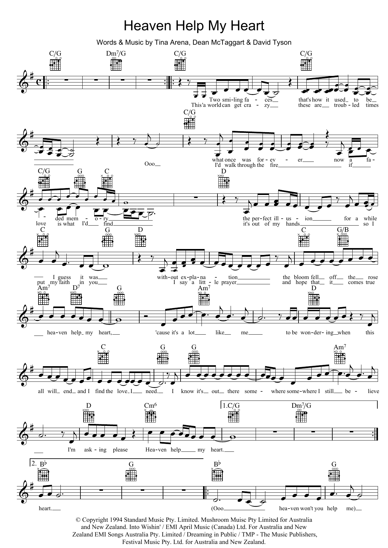 Learn to play Tina Arena Heaven Help My Heart sheet music for Lead Sheet / Fake Book in minutes. Price: 5.9900$ Tina Arena Heaven Help My Heart sheet music notes and chords arranged for Lead Sheet / Fake Book