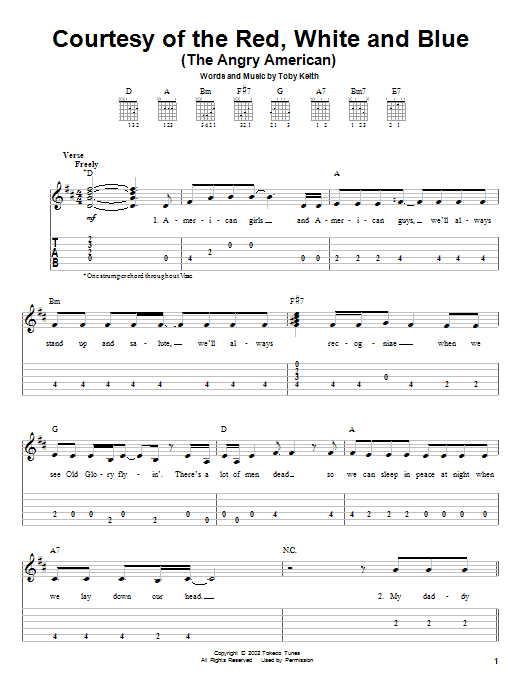 Toby Keith Courtesy Of The Red, White And Blue (The Angry American) sheet music notes and chords - Download Printable PDF and start playing in minutes.