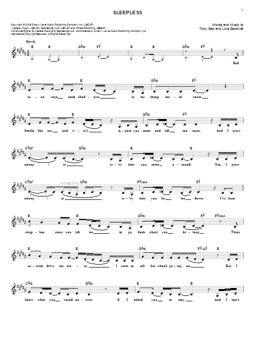 Toby Gad Sleepless sheet music notes and chords. Download Printable PDF.