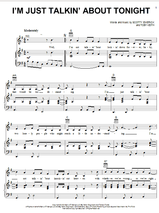 Learn to play Toby Keith I'm Just Talkin' About Tonight sheet music for Easy Guitar Tab in minutes. Toby Keith I'm Just Talkin' About Tonight sheet music notes and chords