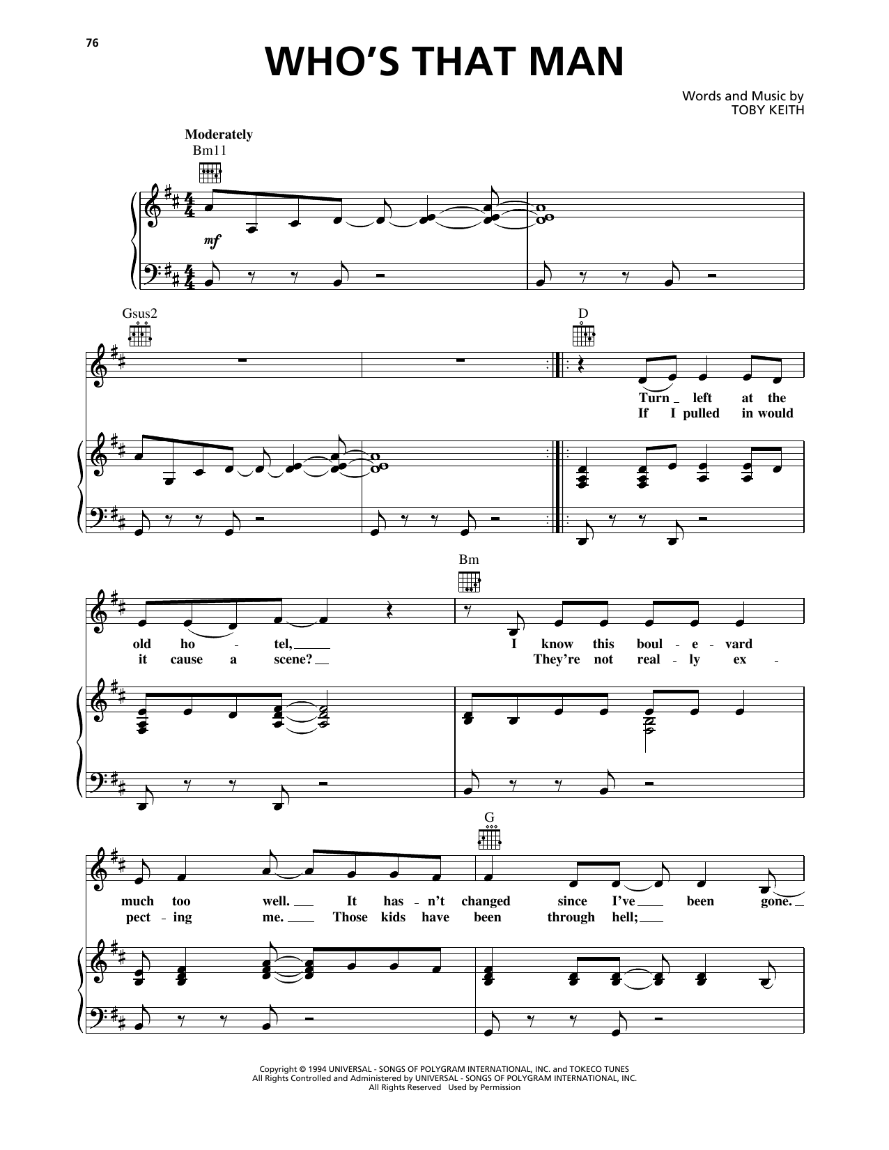 Learn to play Toby Keith Who's That Man sheet music for Piano, Vocal & Guitar Chords (Right-Hand Melody) in minutes. Price: 6.9900$ Toby Keith Who's That Man sheet music notes and chords arranged for Piano, Vocal & Guitar Chords (Right-Hand Melody)