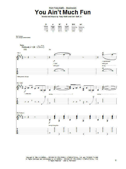 Learn to play Toby Keith You Ain't Much Fun sheet music for Guitar Tab in minutes. Price: 7.8900$ Toby Keith You Ain't Much Fun sheet music notes and chords arranged for Guitar Tab