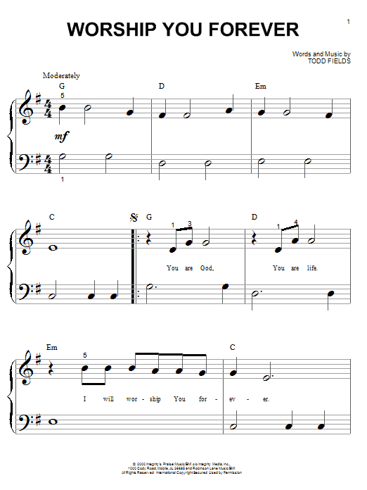 Learn to play Todd Fields Worship You Forever sheet music for Big Note Piano in minutes. Price: 6.9900$ Todd Fields Worship You Forever sheet music notes and chords arranged for Big Note Piano