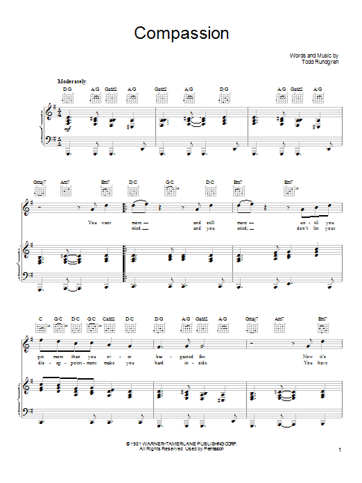 Todd Rundgren Compassion sheet music notes and chords. Download Printable PDF.