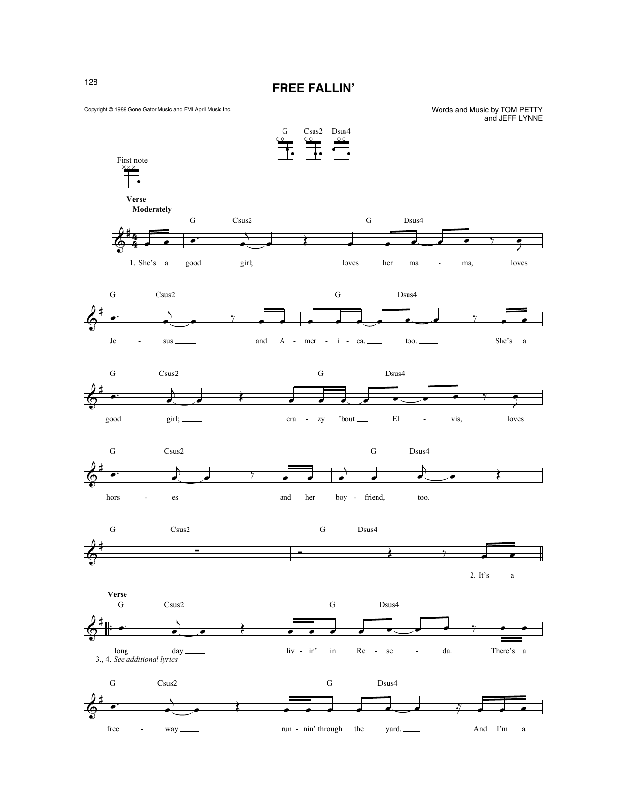 Tom Petty Free Fallin' sheet music notes and chords. Download Printable PDF.