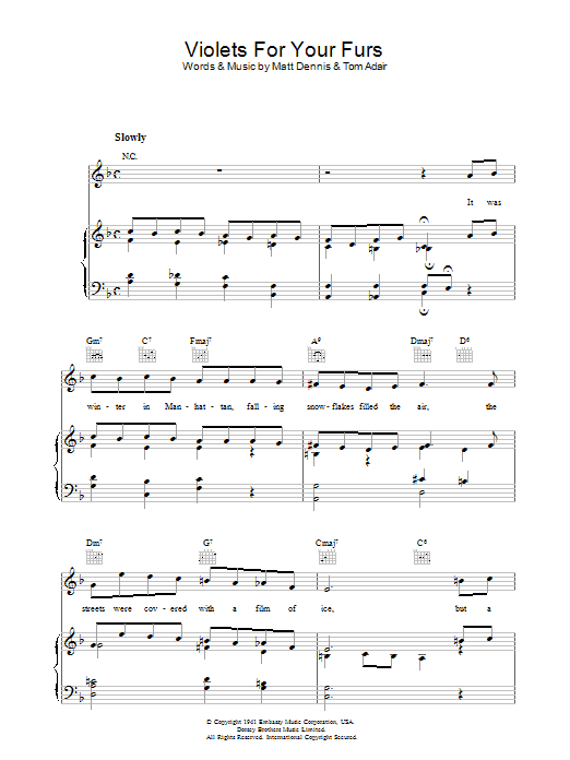 Learn to play Tom Adair Violets For Your Furs sheet music for Piano, Vocal & Guitar (Right-Hand Melody) in minutes. Tom Adair Violets For Your Furs sheet music notes and chords. Download Printable PDF.