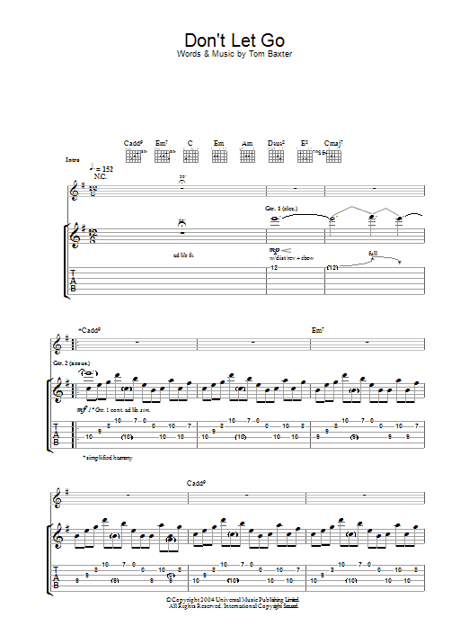 Learn to play Tom Baxter Don't Let Go sheet music for Guitar Tab in minutes. Tom Baxter Don't Let Go sheet music notes and chords. Download Printable PDF.