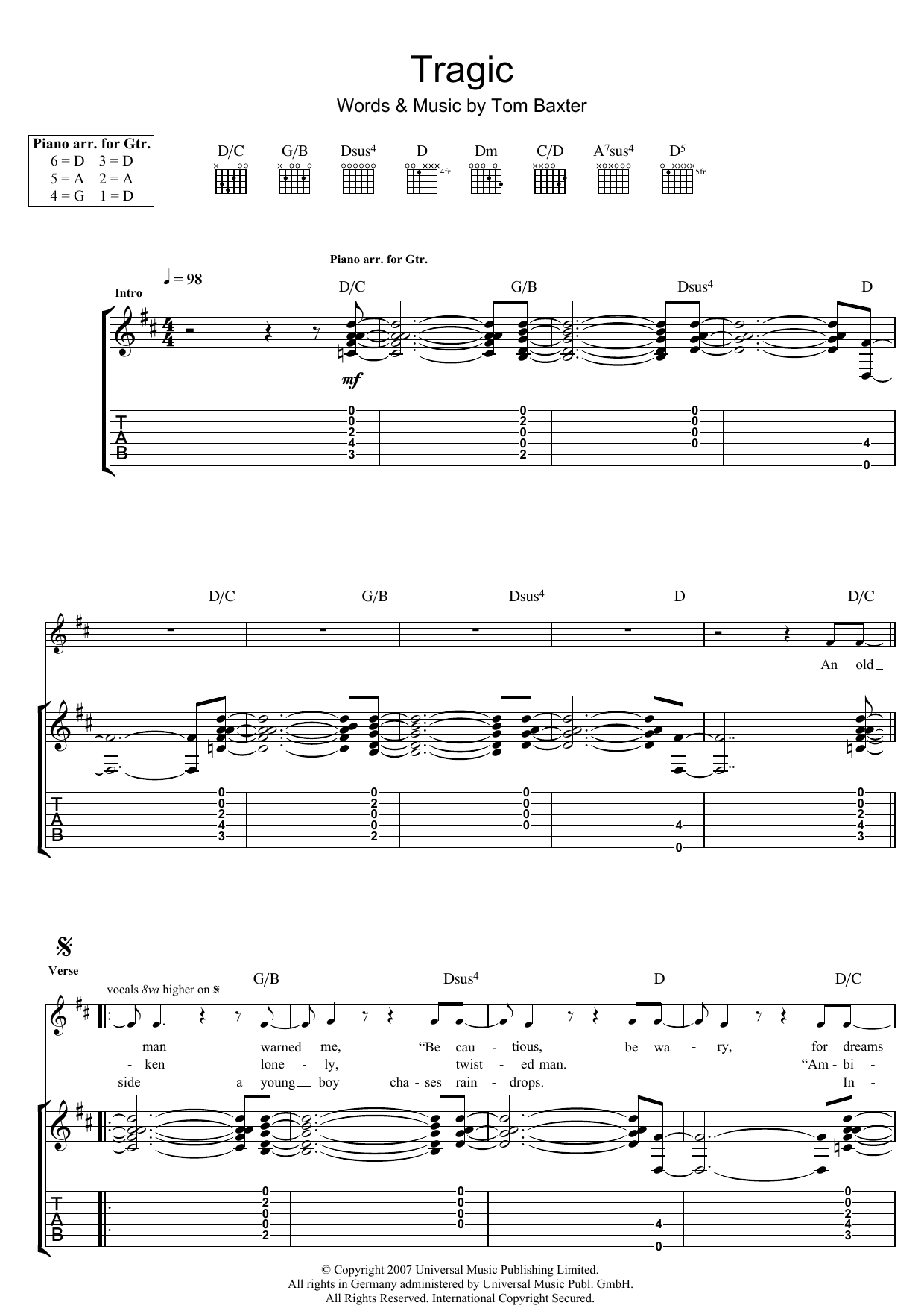 Tom Baxter Tragic sheet music notes and chords. Download Printable PDF.