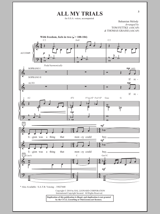 Tom Fettke All My Trials sheet music notes and chords. Download Printable PDF.