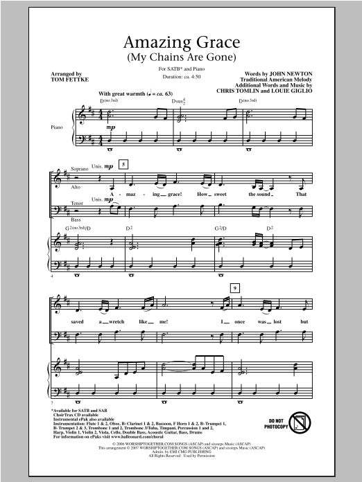 Tom Fettke Amazing Grace (My Chains Are Gone) sheet music notes and chords. Download Printable PDF.