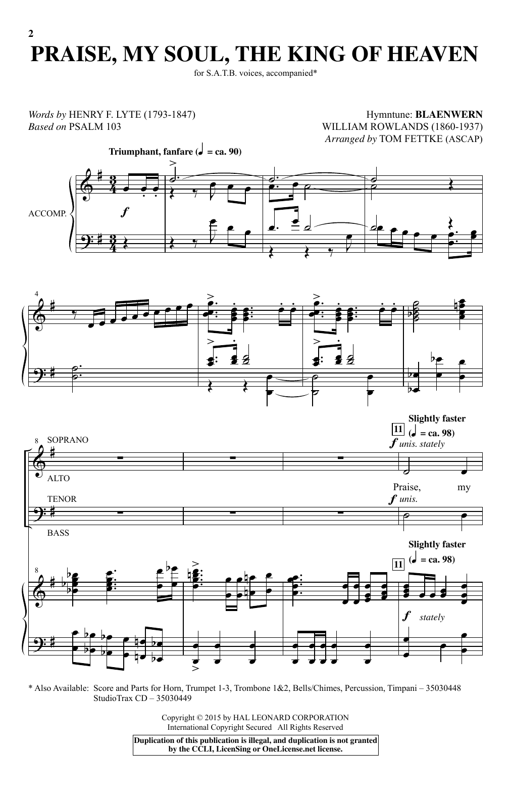 William Rowlands Praise, My Soul, The King Of Heaven (arr. Tom Fettke) sheet music notes and chords arranged for SATB Choir