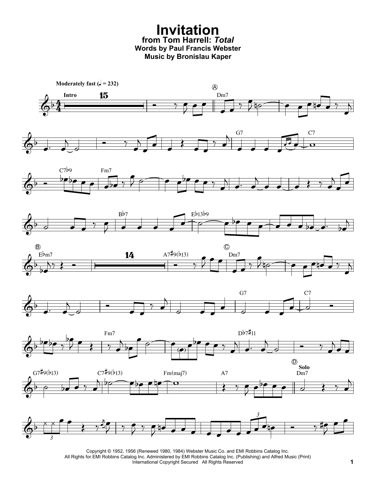 Tom Harrell Invitation sheet music notes and chords. Download Printable PDF.