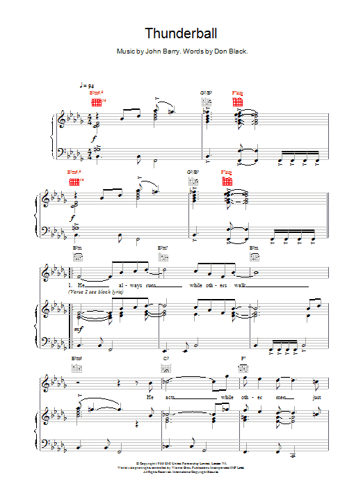 Learn to play Tom Jones Thunderball (theme from the James Bond film) sheet music for Piano, Vocal & Guitar (Right-Hand Melody) in minutes. Price: 7.8900$ Tom Jones Thunderball (theme from the James Bond film) sheet music notes and chords. Download Printable PDF.