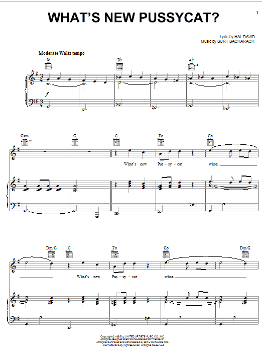 Learn to play Tom Jones What's New Pussycat? sheet music for Piano, Vocal & Guitar (Right-Hand Melody) in minutes. Tom Jones What's New Pussycat? sheet music notes and chords