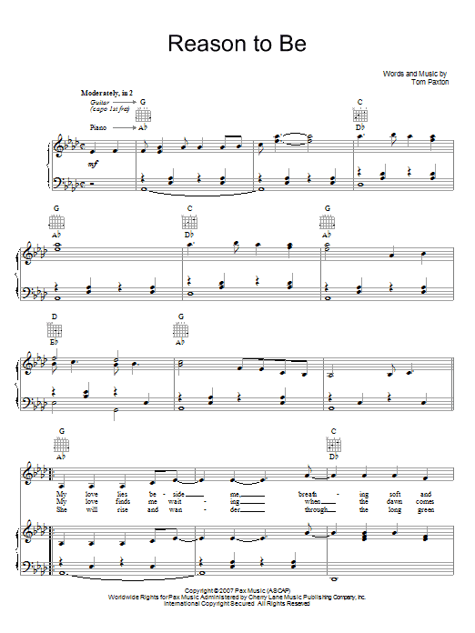 Tom Paxton Reason To Be sheet music notes and chords. Download Printable PDF.