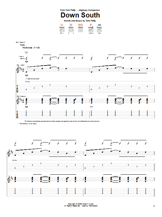 Tom Petty Down South sheet music notes and chords. Download Printable PDF.