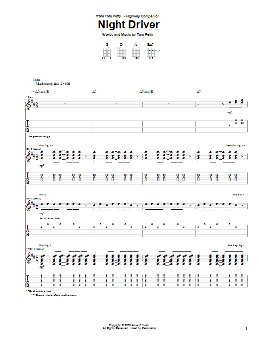 Learn to play Tom Petty Night Driver sheet music for Guitar Tab in minutes. Price: 7.8900$ Tom Petty Night Driver sheet music notes and chords arranged for Guitar Tab