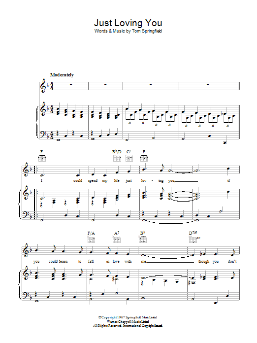 Tom Springfield Just Loving You sheet music notes and chords. Download Printable PDF.