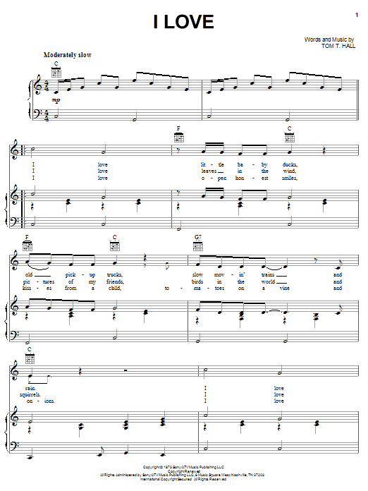 Tom T. Hall I Love sheet music notes and chords. Download Printable PDF.