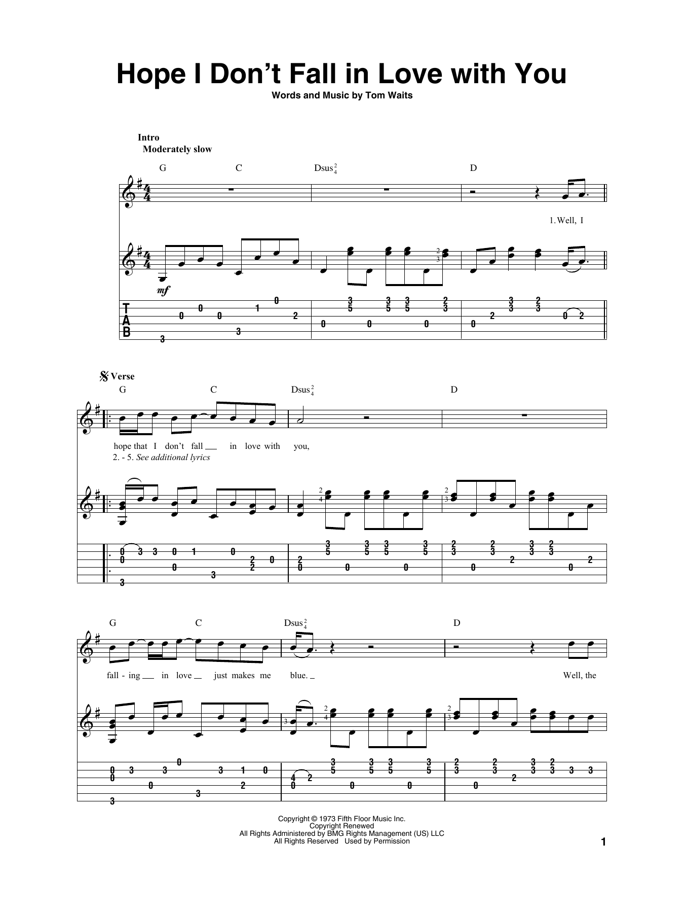 Fall In Love With You Tlumaczenie Tom Waits "Hope I Don't Fall In Love With You" Sheet Music PDF Notes