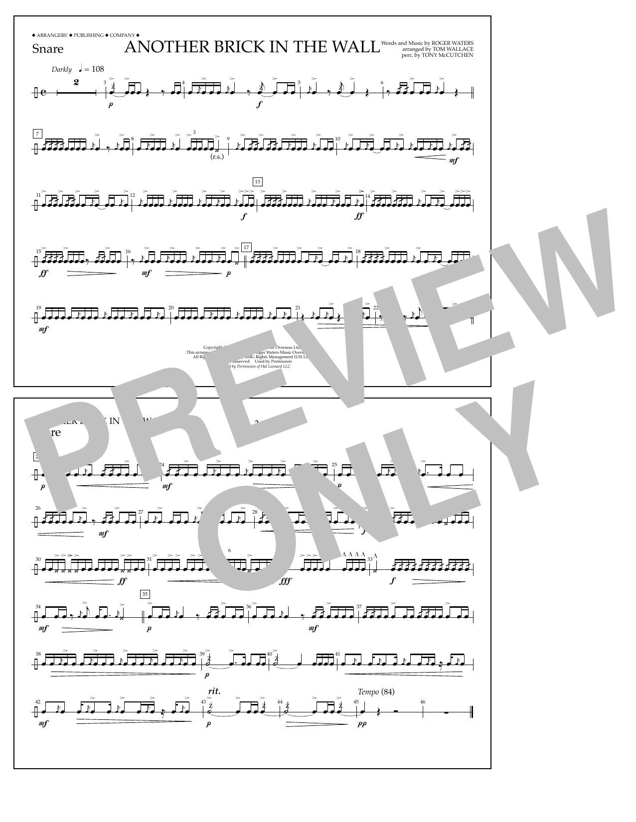Learn to play Tom Wallace Another Brick in the Wall - Snare sheet music for Marching Band in minutes. Price: 7.8900$ Tom Wallace Another Brick in the Wall - Snare sheet music notes and chords arranged for Marching Band