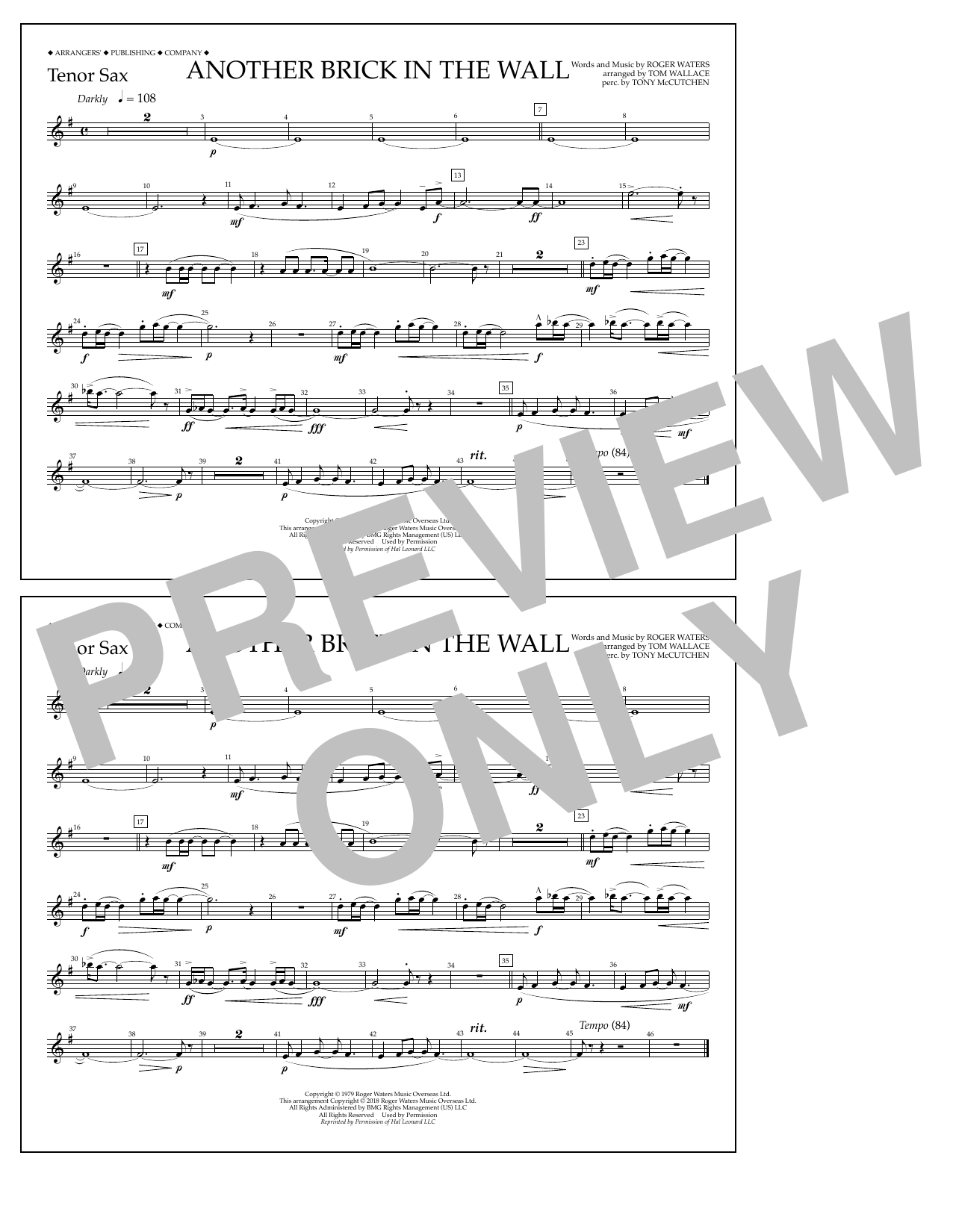 Learn to play Tom Wallace Another Brick in the Wall - Tenor Sax sheet music for Marching Band in minutes. Price: 7.8900$ Tom Wallace Another Brick in the Wall - Tenor Sax sheet music notes and chords arranged for Marching Band