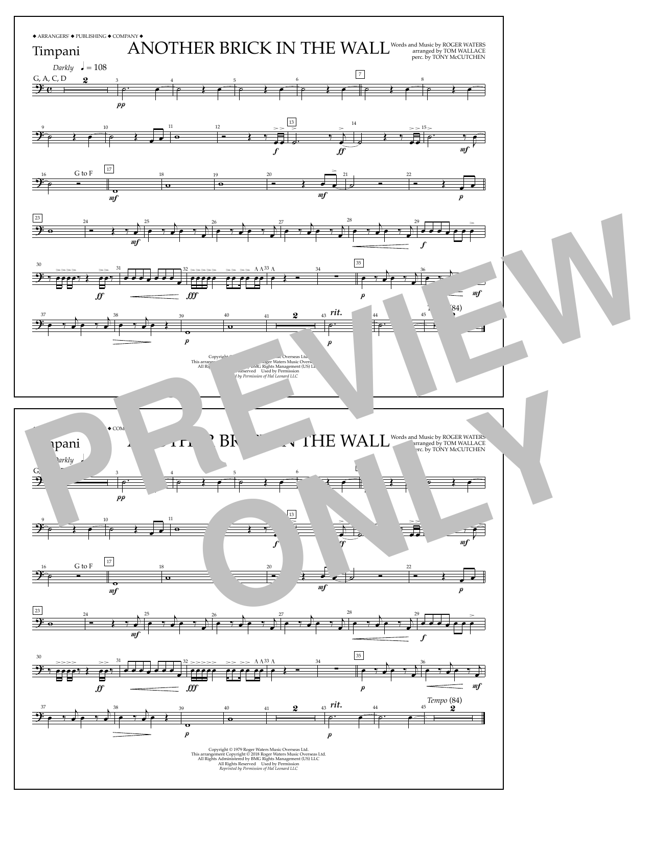 Learn to play Tom Wallace Another Brick in the Wall - Timpani sheet music for Marching Band in minutes. Price: 7.8900$ Tom Wallace Another Brick in the Wall - Timpani sheet music notes and chords arranged for Marching Band