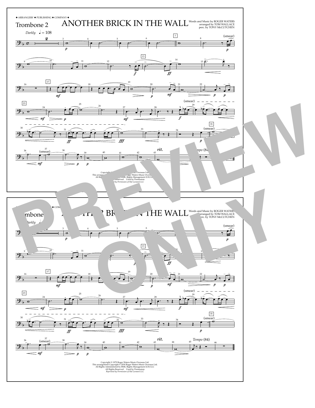 Learn to play Tom Wallace Another Brick in the Wall - Trombone 2 sheet music for Marching Band in minutes. Price: 7.8900$ Tom Wallace Another Brick in the Wall - Trombone 2 sheet music notes and chords arranged for Marching Band