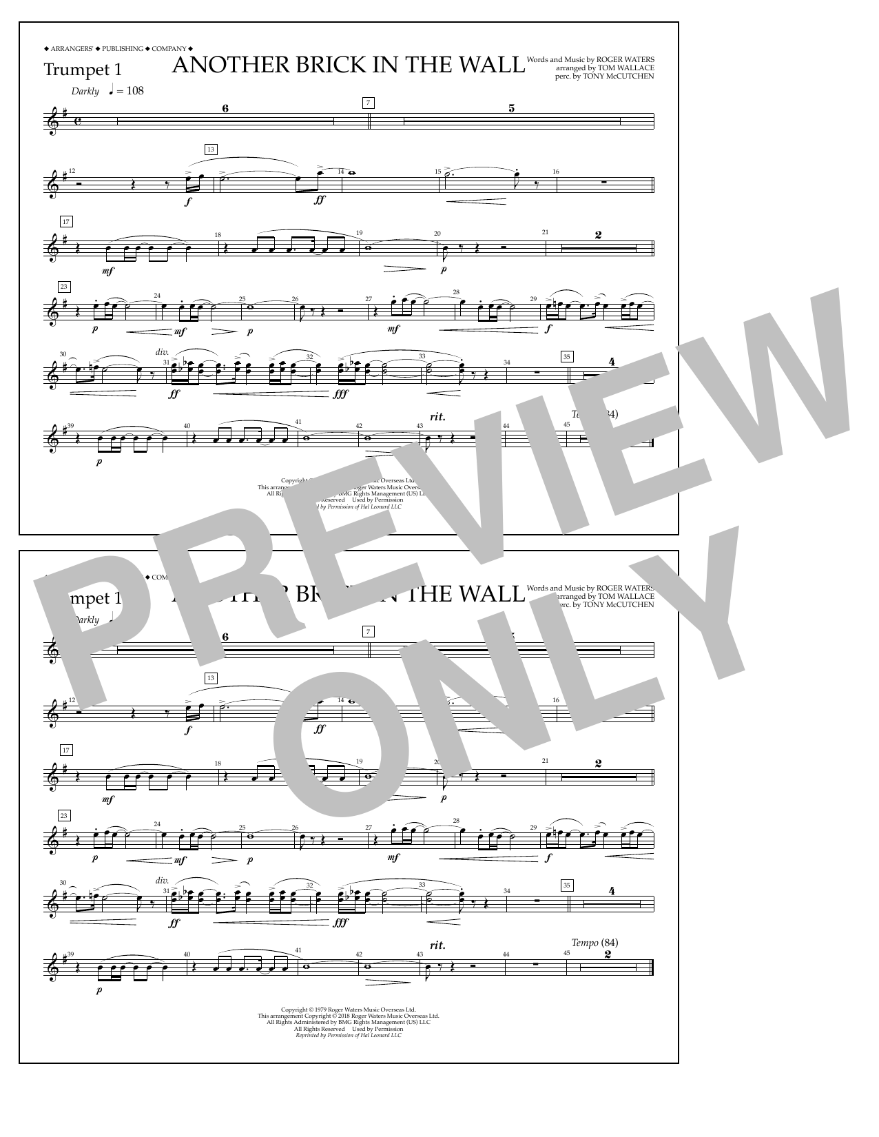 Learn to play Tom Wallace Another Brick in the Wall - Trumpet 1 sheet music for Marching Band in minutes. Price: 7.8900$ Tom Wallace Another Brick in the Wall - Trumpet 1 sheet music notes and chords arranged for Marching Band