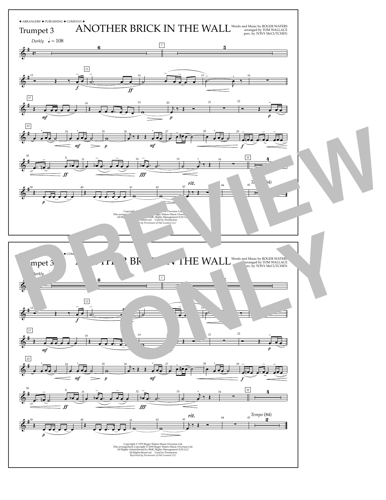 Learn to play Tom Wallace Another Brick in the Wall - Trumpet 3 sheet music for Marching Band in minutes. Price: 7.8900$ Tom Wallace Another Brick in the Wall - Trumpet 3 sheet music notes and chords arranged for Marching Band