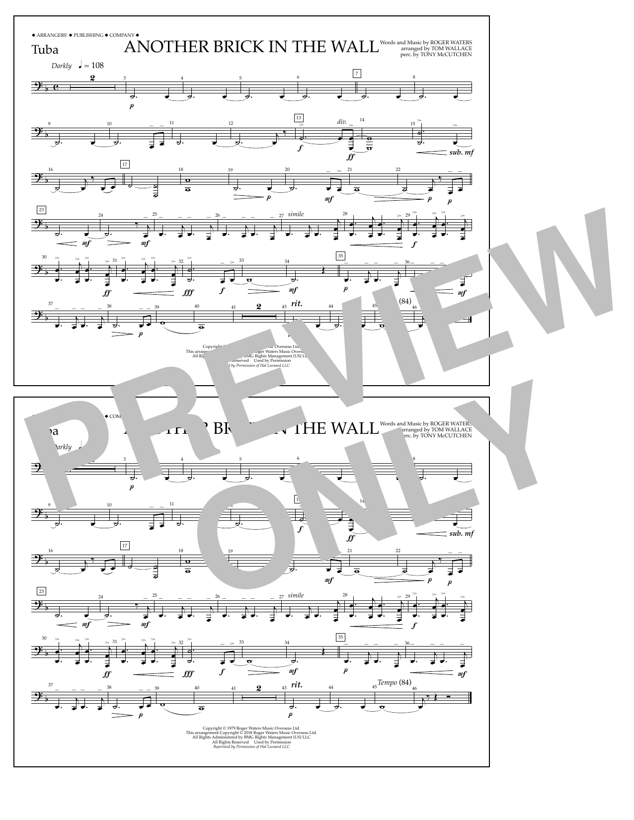 Learn to play Tom Wallace Another Brick in the Wall - Tuba sheet music for Marching Band in minutes. Price: 7.8900$ Tom Wallace Another Brick in the Wall - Tuba sheet music notes and chords arranged for Marching Band
