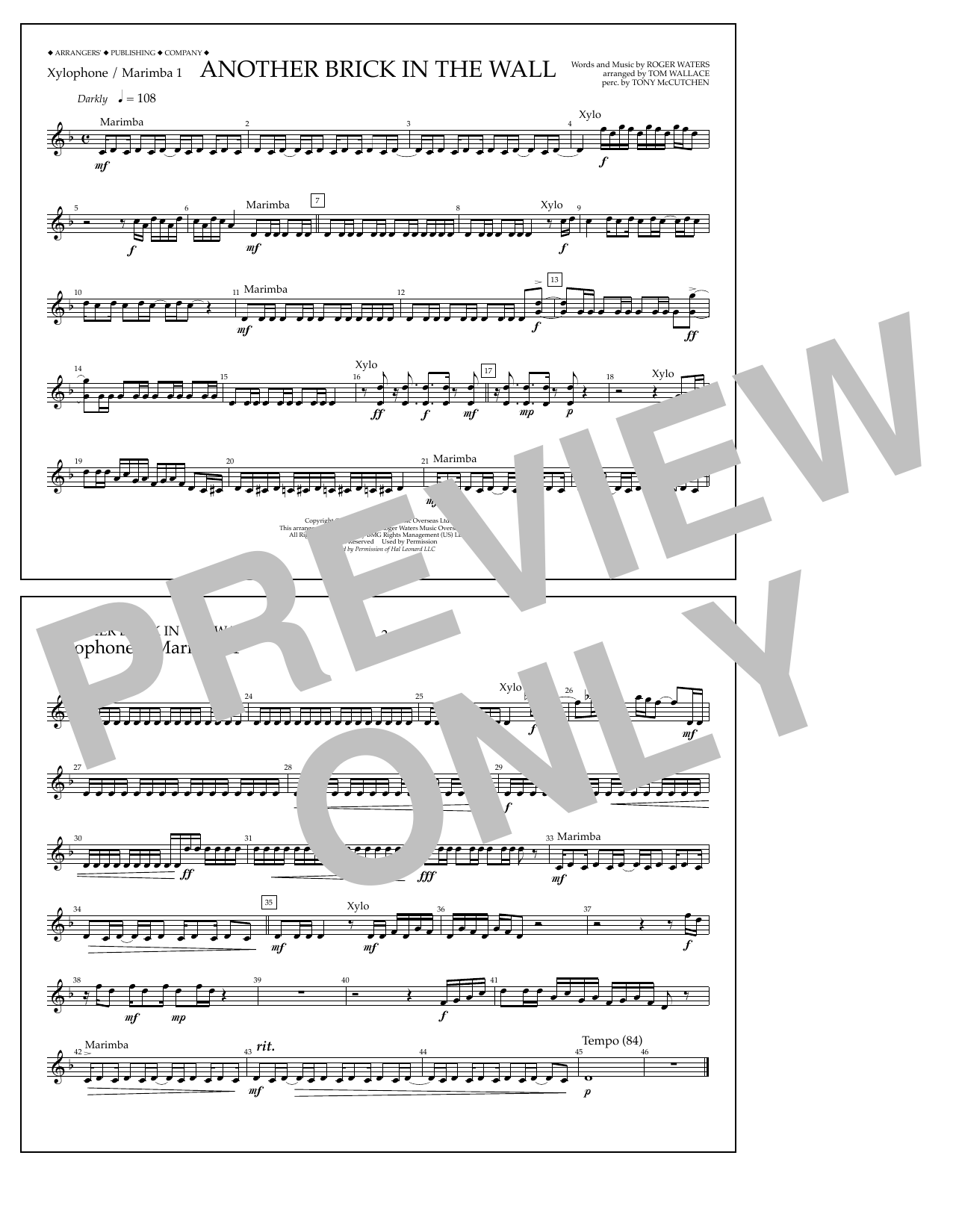 Learn to play Tom Wallace Another Brick in the Wall - Xylophone/Marimba 1 sheet music for Marching Band in minutes. Price: 7.8900$ Tom Wallace Another Brick in the Wall - Xylophone/Marimba 1 sheet music notes and chords arranged for Marching Band