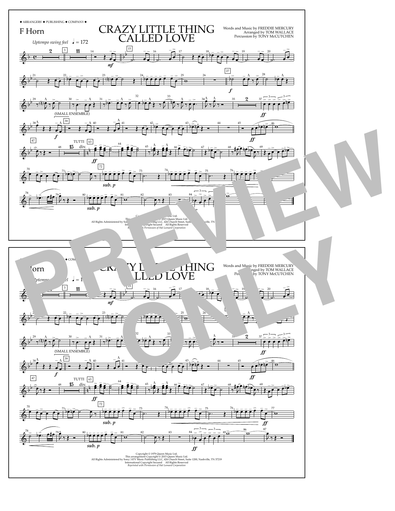Learn to play Tom Wallace Crazy Little Thing Called Love - F Horn sheet music for Marching Band in minutes. Price: 7.8900$ Tom Wallace Crazy Little Thing Called Love - F Horn sheet music notes and chords arranged for Marching Band
