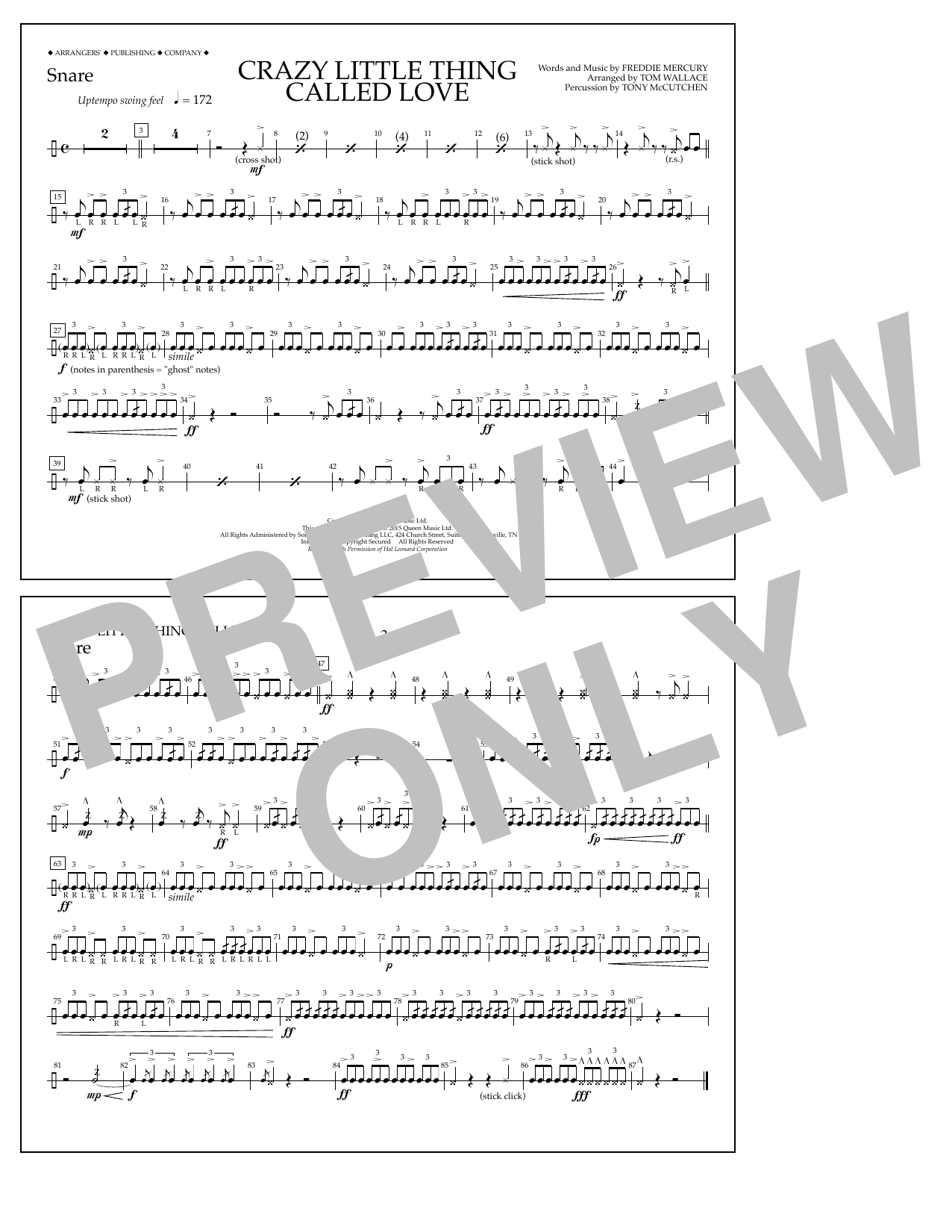 Learn to play Tom Wallace Crazy Little Thing Called Love - Snare sheet music for Marching Band in minutes. Price: 7.8900$ Tom Wallace Crazy Little Thing Called Love - Snare sheet music notes and chords arranged for Marching Band