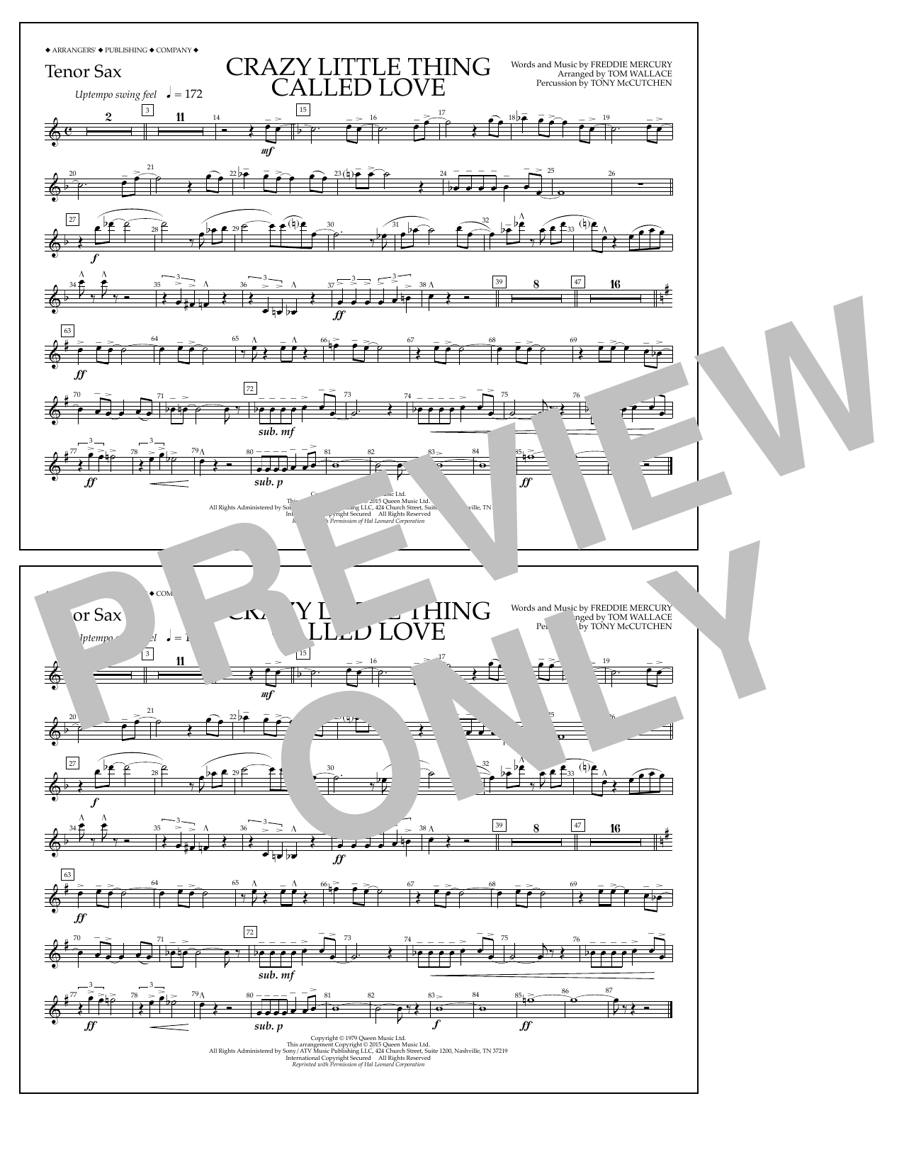 Learn to play Tom Wallace Crazy Little Thing Called Love - Tenor Sax sheet music for Marching Band in minutes. Price: 7.8900$ Tom Wallace Crazy Little Thing Called Love - Tenor Sax sheet music notes and chords arranged for Marching Band