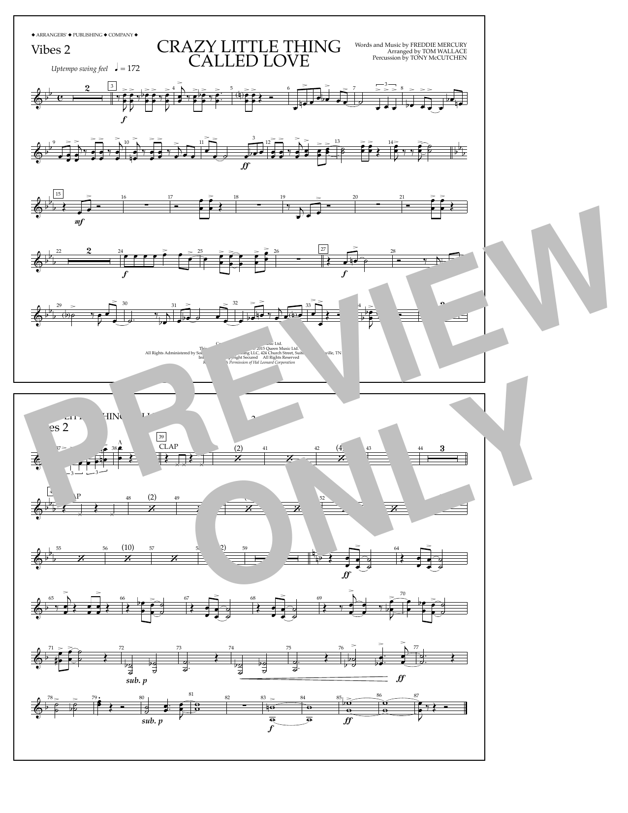 Learn to play Tom Wallace Crazy Little Thing Called Love - Vibes 2 sheet music for Marching Band in minutes. Price: 7.8900$ Tom Wallace Crazy Little Thing Called Love - Vibes 2 sheet music notes and chords arranged for Marching Band